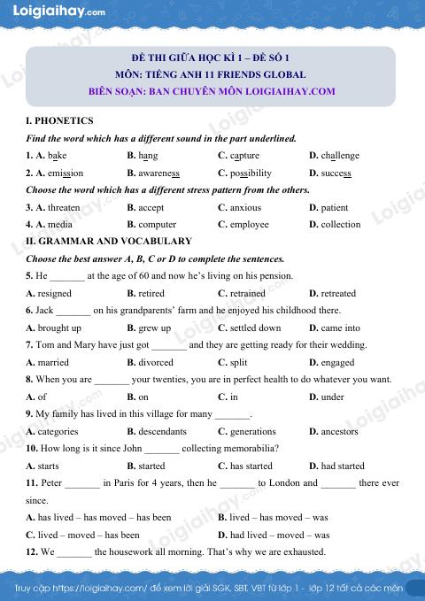 Đề thi giữa kì 1 Tiếng Anh 11 Friends Global - Đề số 1